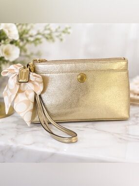 Coach Metallic Gold Leather Wristlet with Scarf Accent